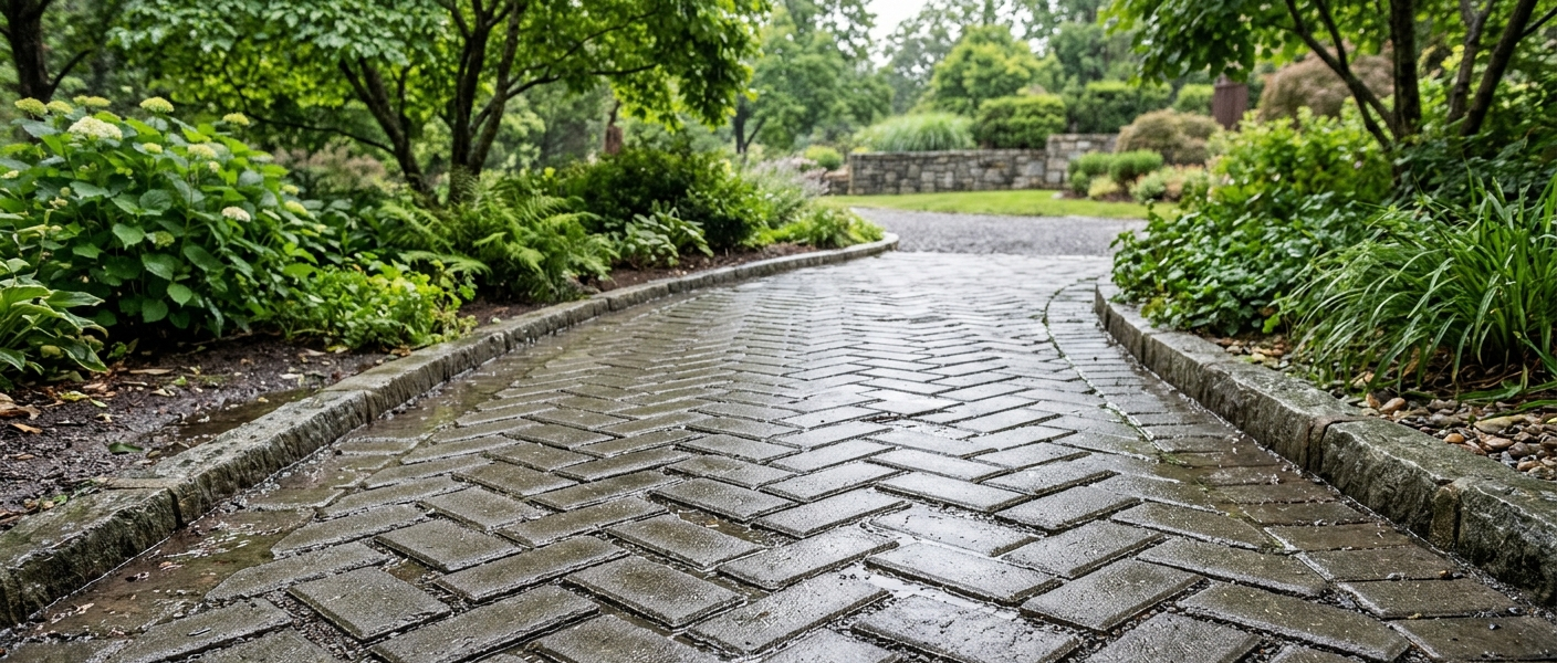Interlocking brick paving through a landscaped garden